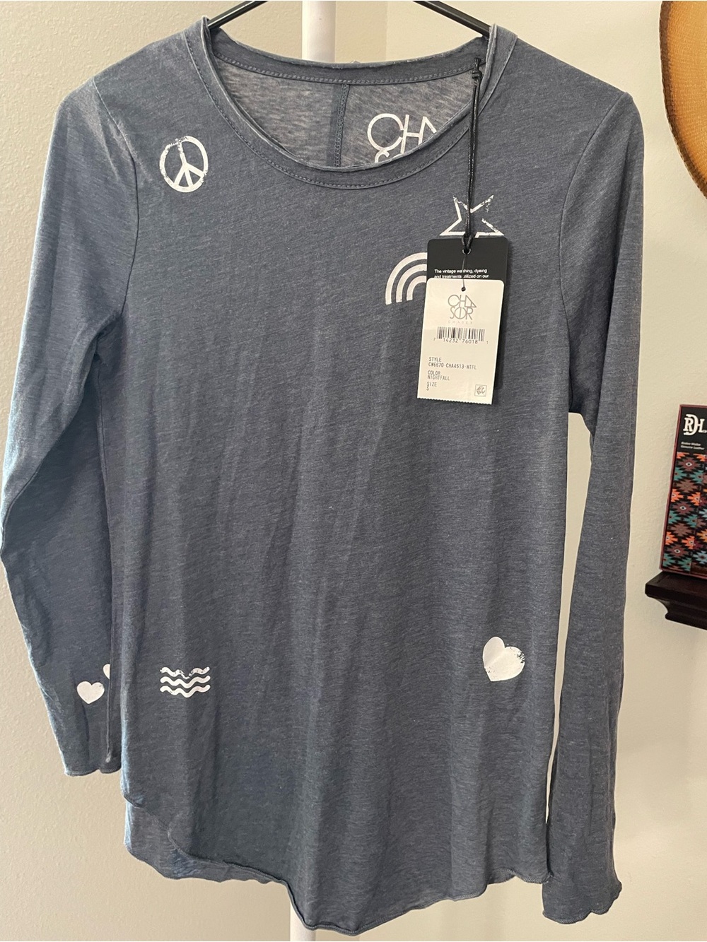 Chaser Slate Blue Long-Sleeve Graphic Tee with White Icons